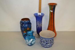 Mixed Lot: Overpainted blue glass jug, a small German jardiniere, a Torquay vase, a pressed blue