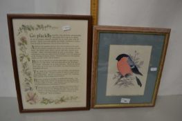 Coloured print of a bullfinch and a framed print, Go Placidly