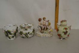 Mixed Lot: Various 20th Century continental floral encrusted vases together with a model of cherubs