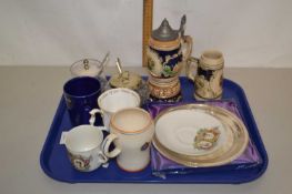 Mixed Lot: Various Royal commemorative china wares, silver plated dish German beer steins etc