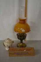 Brass based oil lamp and a biscuit barrel
