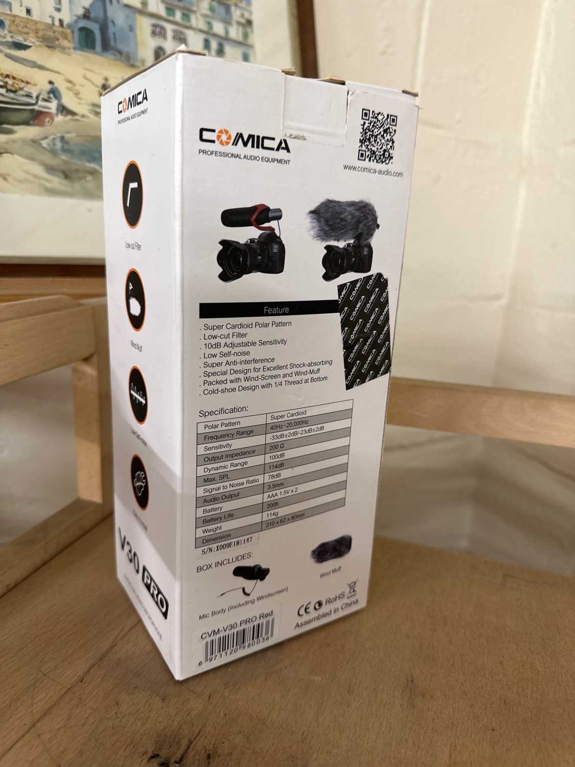 A boxed Comica V30 Pro Directional Condenser Shotgun Video Microphone