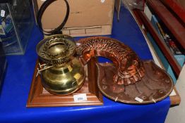 Mixed Lot: Copper fish mould, dust tray, brass oil lamp etc