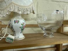 An Aynsley floral decorated table lamp together with a Dartington Crystal bowl
