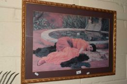 After the Pre-raphaelites, a lady reclining by a pool in gilt moulded frame