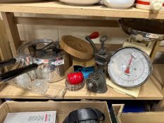 A set of retro kitchen scales together with butter mould, vintage mincer and other items