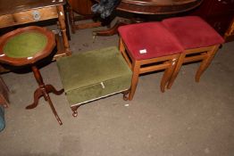 A pair of square stools together with a needlework storage box footstool and a wine table (4)