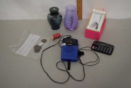 Box of various vases, calculator, portable radio etc