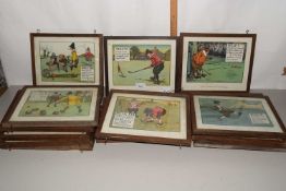 After Charles Crombie, a set of seventeen oak framed golfing prints produced for Perrier Water