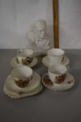 Quantity of Royal commemorative tea cups and saucers together with a plaster model of Winston