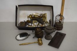 Box of various mixed wares to include modern clockwork bird in cage, various brass ornaments, oil