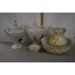 Mixed Lot of two white porcelain table top decanters, together with a wash bowl, jug and soap