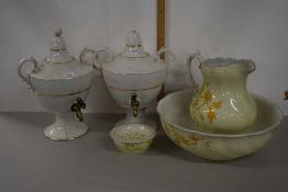 Mixed Lot of two white porcelain table top decanters, together with a wash bowl, jug and soap