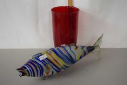 Large Art Glass fish model together with a further ruby glass vase (2)