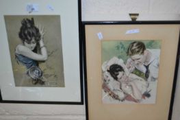 Two coloured prints, portrait studies