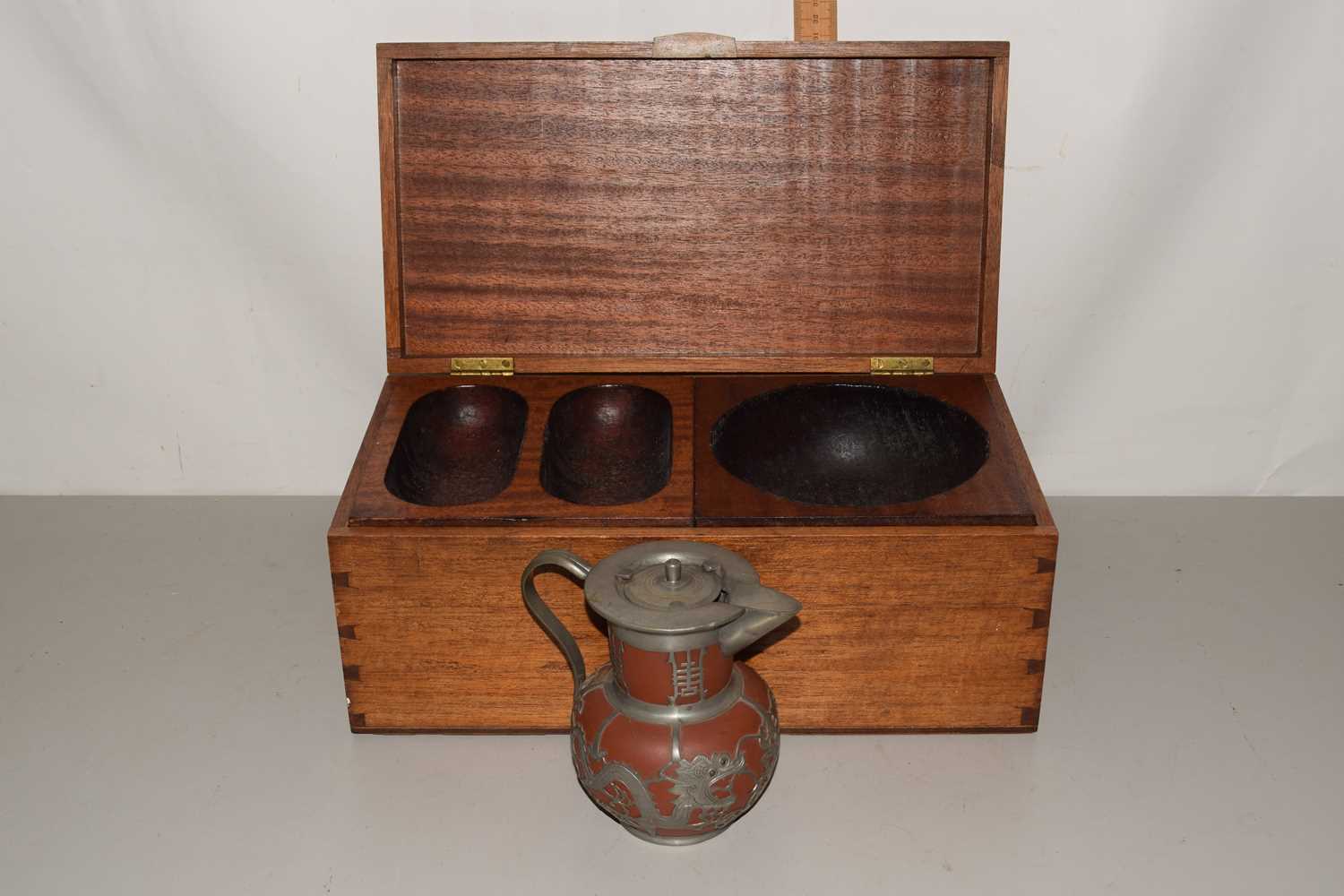 Mixed Lot comprising a hardwood tea mixing box together with a Chinese pewter mounted jug