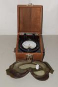 Military issue Kilovolt meter dated 1954, set in a wooden case, together with a pair of rubber