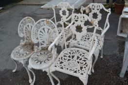 Group of five various cast metal garden chairs