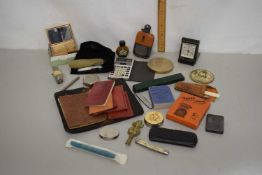Box of various items to include vintage driving licences, travel clock etc