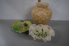 Mixed Lot comprising a marble glazed vase and two further leaf formed dishes