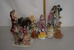 Collection of mixed figurines, pottery model of a horse, a peach glass centrepiece etc