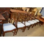 Set of six reproduction shield back mahogany dining chairs with blue upholstered seats