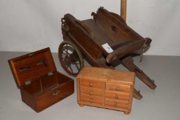 Model single axel wooden cart together with a vintage miniature table top chest and a money box