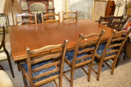 Oak draw leaf dining table and six chairs