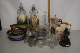Large mixed lot to include pair of double handled vases, various promotional mugs, decanters,