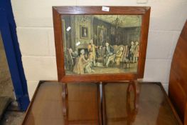 Oak framed folding occasional table/fire screen with picture centre