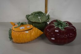 Group of three pottery tureens formed as vegetables