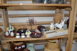 Mixed Lot to include wooden figures, Aynsley floral baskets, miniature chamber stick, napkin