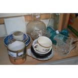 Mixed Lot to include blue glass chicken dish, glasswares, pottery mug etc