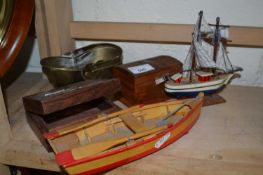 Mixed Lot to include miniature brass bath tub, two trinket boxes and two model boats