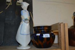 Tobacco jar and a pottery figure of a maiden