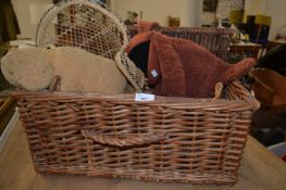 Wicker hamper and cuddly toys