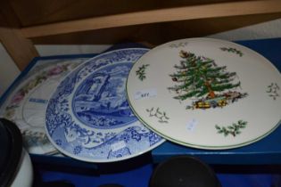 Spode cake plate together with another by Royal Worcester and a Christmas Spode plate