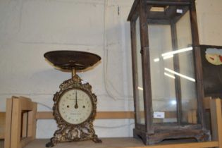Free standing glass lantern and a pair of vintage household scales