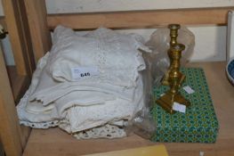 Mixed Lot to include pair of dwarf brass candlesticks, mixed linens and a quantity of green
