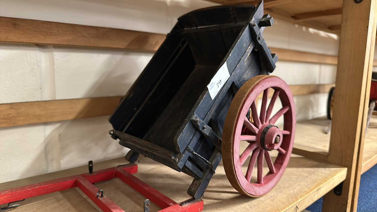 A scratch built model of a single axle cart painted in red and blue, approx 50cm long - Image 2 of 7