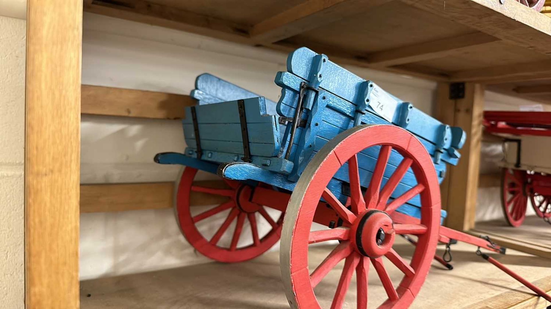 A scratch built model of a single axle farm cart painted in blue and red, approx 50cm long in total - Image 4 of 6