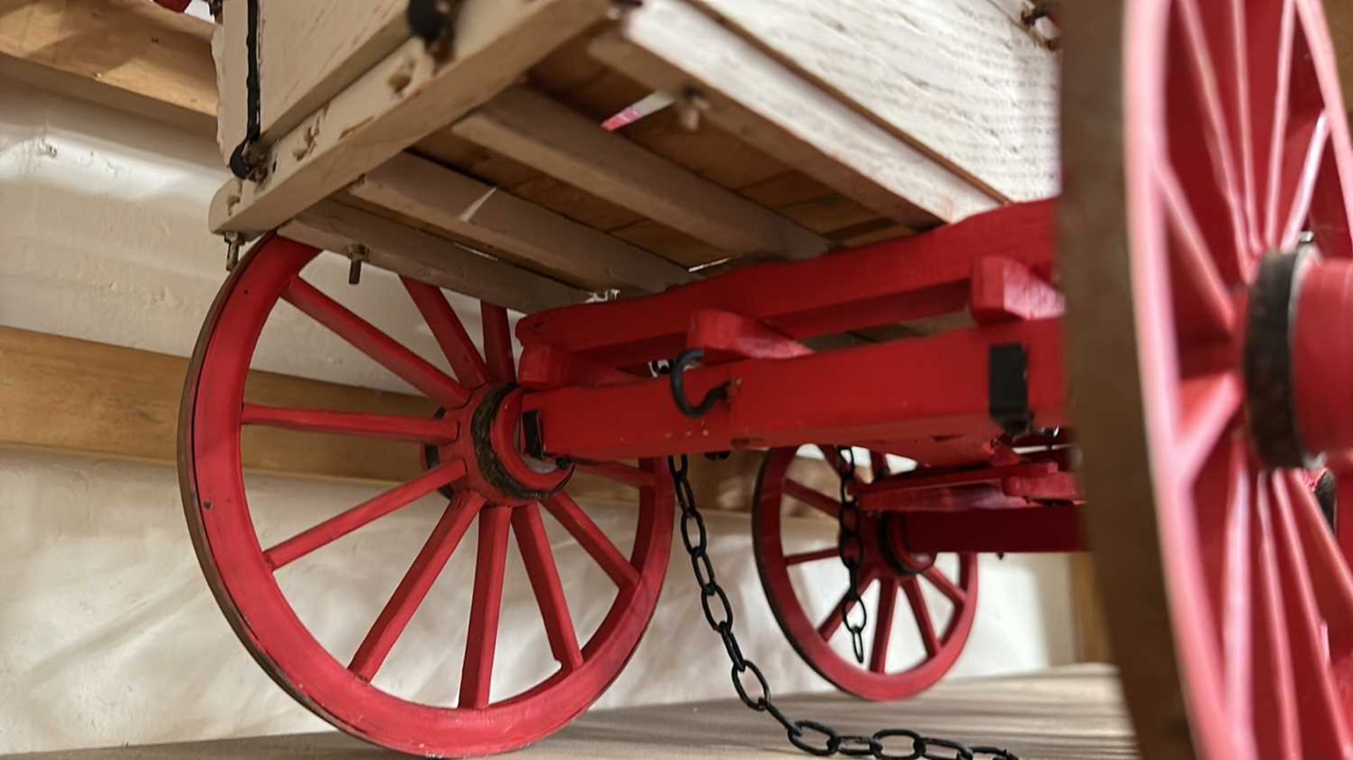 A scratch built model of a Hereford Wagon, painted in red and cream, approx 70cm long in total - Image 6 of 6