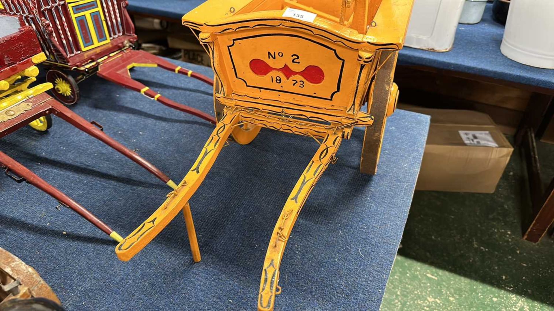 A scratch built model of a single axle hay cart, painted in dark yellow and black, 65cm long in - Image 2 of 7