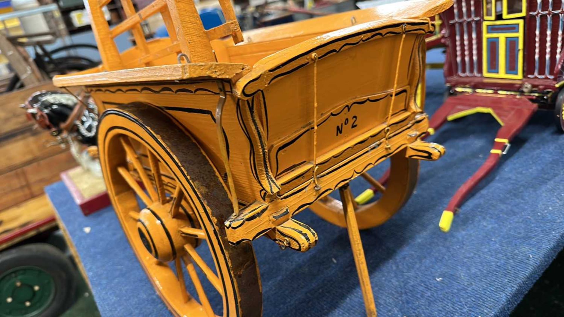 A scratch built model of a single axle hay cart, painted in dark yellow and black, 65cm long in - Image 4 of 7