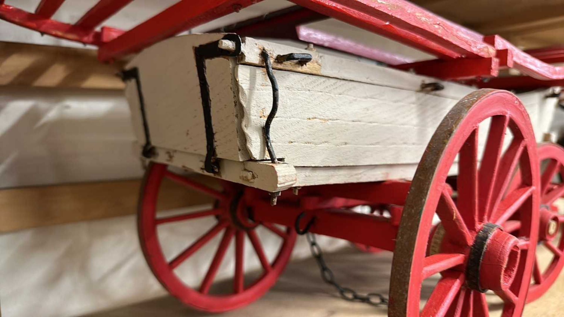 A scratch built model of a Hereford Wagon, painted in red and cream, approx 70cm long in total - Image 5 of 6