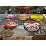 Five various small reproduction enamel signs to include Esso, Castrol and others