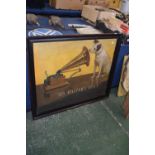 Large framed advertising print for His Masters Voice (HMV) gramophones featuring Nipper the Dog,
