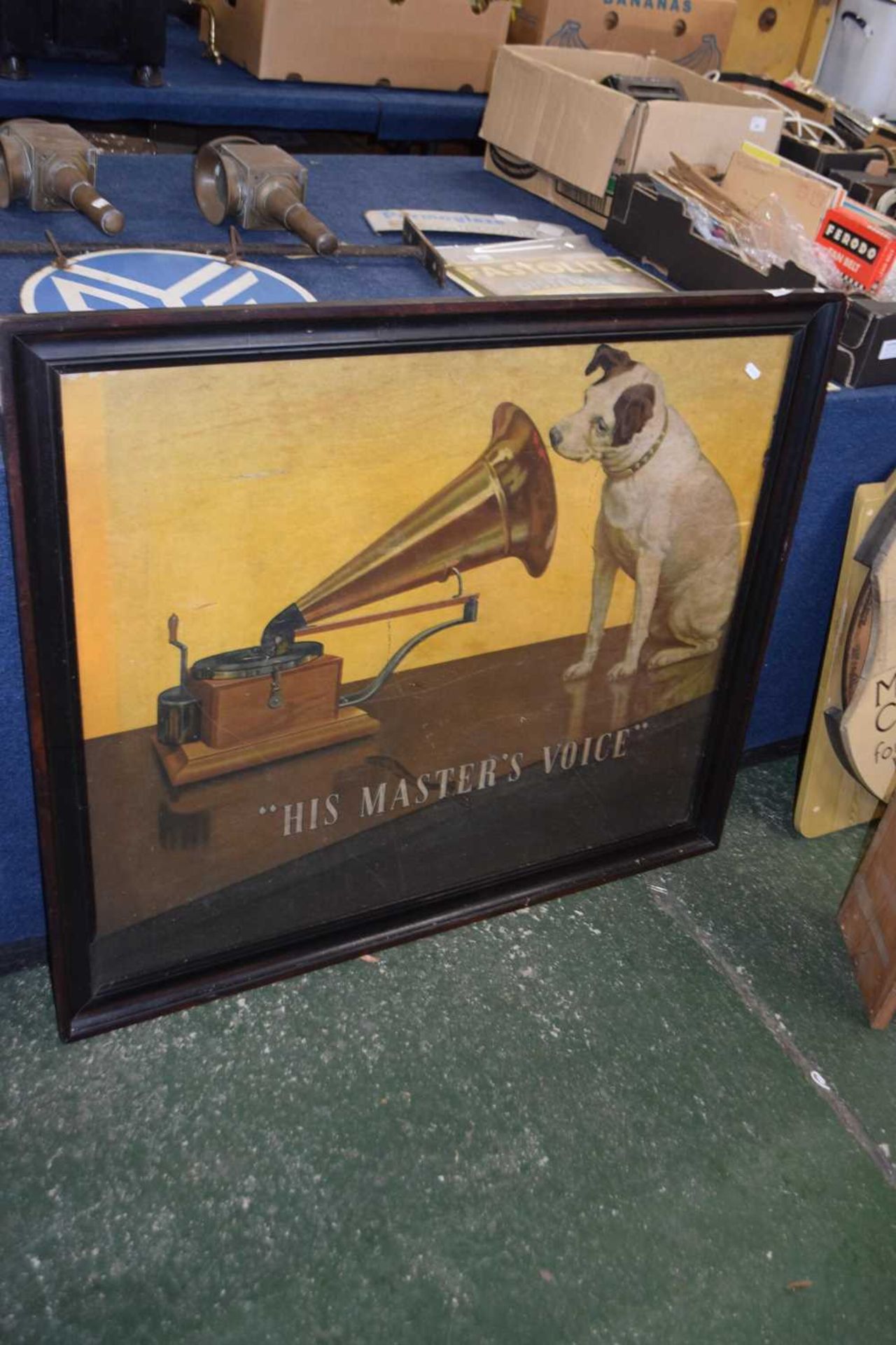 Large framed advertising print for His Masters Voice (HMV) gramophones featuring Nipper the Dog,