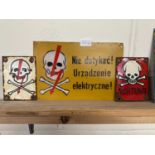 Three various continental "Danger" signs including skull on red background "Achtung"