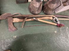 Mixed Lot various vintage garden tools to include felling axe, turfing iron etc